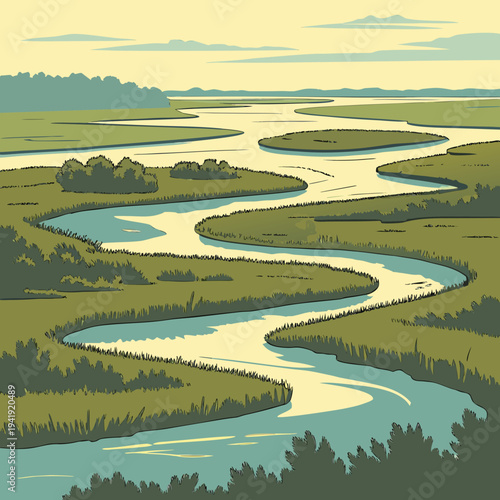 Stylized illustration of a winding river flowing through a lush green marshland with distant trees and cloudy sky