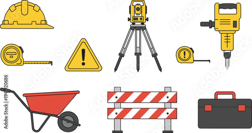 Professional construction and industrial safety equipment vector icon set featuring hard hats surveyors tools jackhammers and barriers.