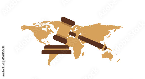 A brown wooden gavel and its sound block are depicted lying across a light brown world map on a pristine white background.