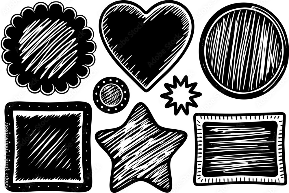 custom made wallpaper toronto digitalA set of hand-drawn black and white vector icons including hearts, stars, and frames