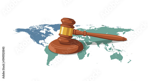 A brown wooden gavel with a textured handle and its sound block are positioned over a teal and green world map on a white background.