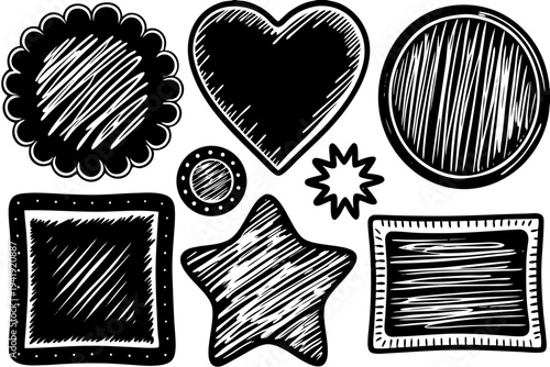 Wallpaper Mural A set of hand-drawn black and white vector icons including hearts, stars, and frames Torontodigital.ca