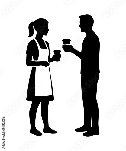 Man and barista silhouette holding coffee cup standing profile