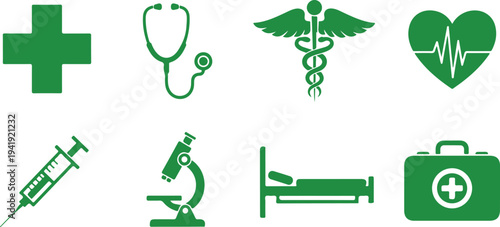 Set of medical and healthcare icons featuring stethoscope syringe microscope hospital bed first aid kit heart caduceus