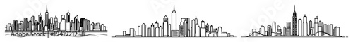 Smart city skyline set with abstract line art and data waves featuring urban planning 2026, thin consistent stroke, white background with urban concept and technology