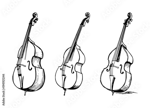 Double bass set with sketchbook style drawing featuring upright double bass, black ink pen, artistic textures with illustration and black and white