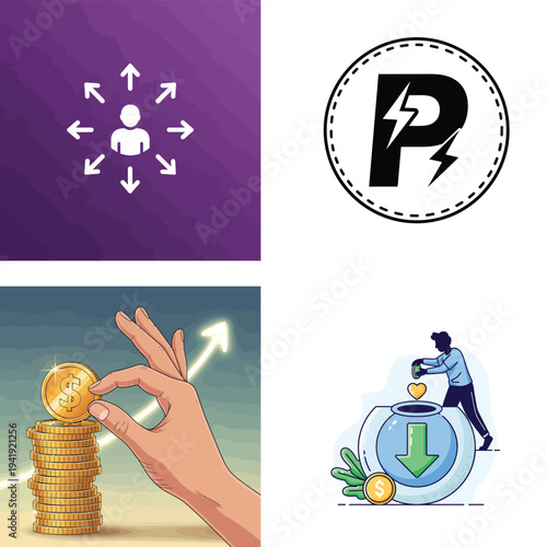 Illustrations of decentralization, cryptocurrency, and financial growth concepts illustration