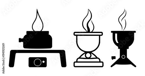 Bunsen burner set with flat vector icon and bold outlines featuring laboratory equipment, science, icons with solid black and white background