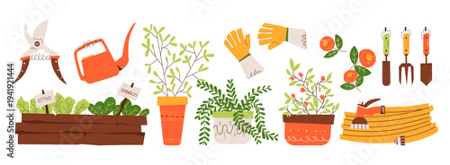 Gardening elements collection with plants, pots, tools, watering can, gloves and raised garden bed with vegetables. Garden care vector icons set
