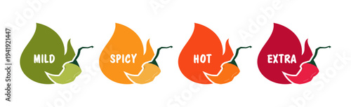 Set of chili pepper spice level icons with fire shapes showing mild, spicy, hot and extra heat rating scale for food menu labels and packaging