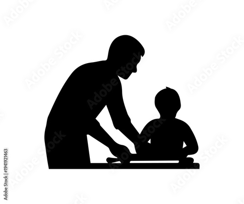 Father and son silhouettes bonding through cooking in kitchen