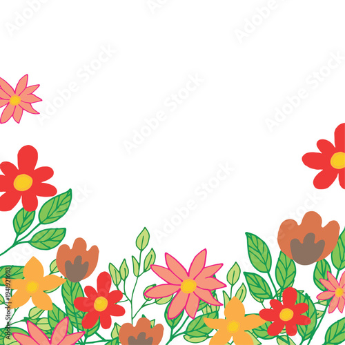 Colorful hand drawn floral border with bright cartoon flowers and green leaves
