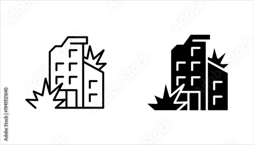 Ruined Buildings icons set. Disaster, damage, old, war, demolish, ruined, vector illustration on white background