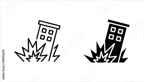 Ruined Buildings icons set. Disaster, damage, old, war, demolish, ruined, vector illustration on white background
