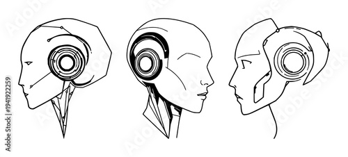 AI humanoid head set with minimalist futuristic profile featuring geometric, line art, vector with clean lines and white background