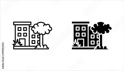Ruined Buildings icons set. Disaster, damage, old, war, demolish, ruined, vector illustration on white background