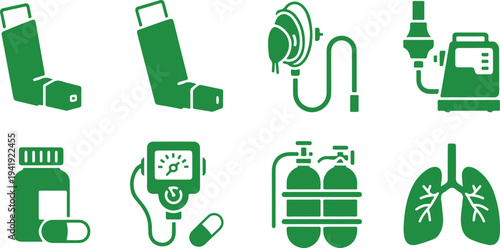 Medical equipment and devices for respiratory health and oxygen therapy displayed in green icons