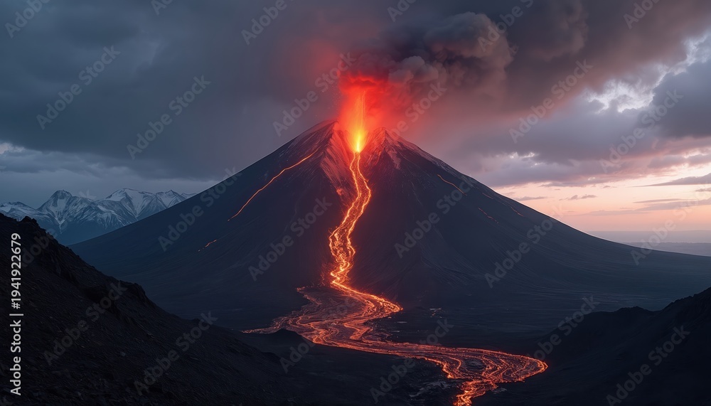 Fototapeta premium Fiery volcano eruption at dawn spews molten lava down mountainside. Smoke billows into twilight sky. Snow capped peaks visible afar. Volcanic activity creates dramatic natural phenomenon.