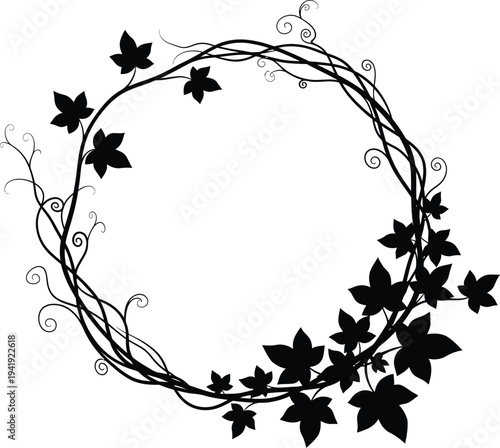 Round ivy vine frame silhouette with leaves and tendrils, perfect for decorative designs