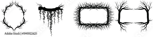 Set of silhouettes of dry tree branches forming various frames and elements with vines