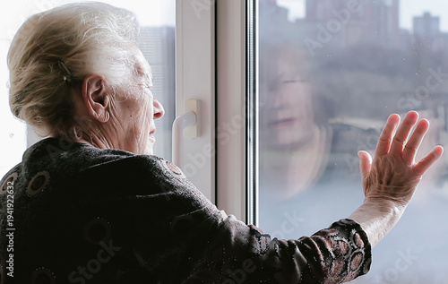 A lonely woman sadly looking out the window, missing her family at the retirement home. Thinking over health problems, loneliness, loss, suffering from apathy, mourning depression.