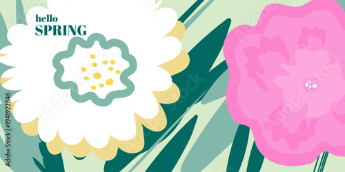 Spring flowers with macro white and pink buds. Bright colorful botanical horizontal background for Women's Day, Easter and Mother's Day holiday cards.