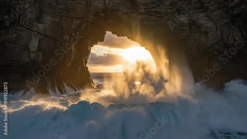 Sunset Through Ocean Cave Waves Crashing Against Rocky Shore.