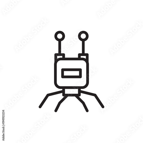 Robot crawler or spider-like machine icon featuring antennas and mechanical legs. Minimalist vector illustration represents robotics, automation, artificial intelligence, and futuristic technology.