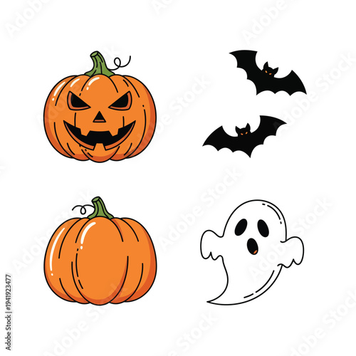 Halloween-themed icons featuring jack-o'-lantern, pumpkin, bats, and ghost illustration