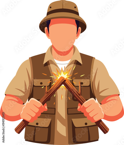 Fire Starter Man Illustration with Sticks and Hat