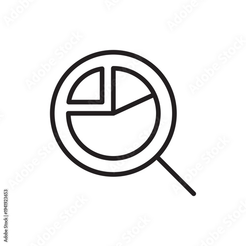 Magnifying glass icon focused on a pie chart. Minimalist vector illustration represents data analysis, market research, business audit, financial inspection, and statistical information discovery.