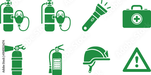 Set of safety equipment icons including fire extinguisher gas mask flashlight first aid kit and warning symbols isolated on transparent background