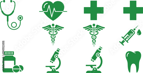 Collection of medical and healthcare icons featuring stethoscope heart syringe microscope tooth pill and caduceus symbols