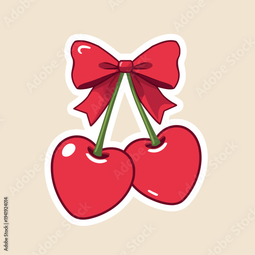 A whimsical illustration features two heart shaped cherries adorned with a bright red bow