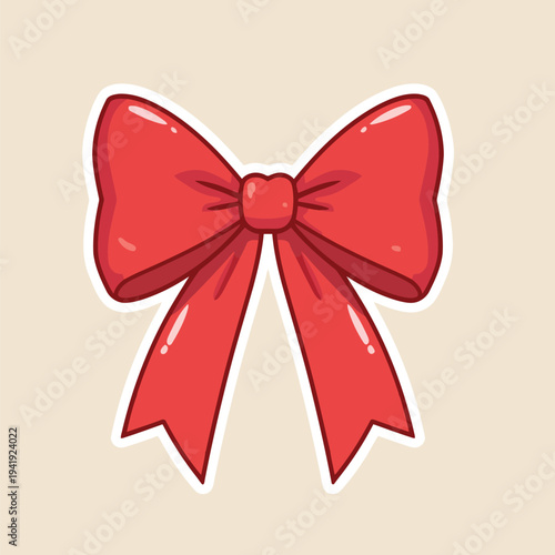 A vibrant glossy red bow with a white outline is centered on a neutral beige background