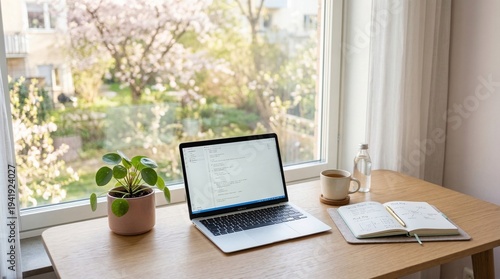 Φωτογραφία Modern home office workspace with laptop plant and coffee near large window with