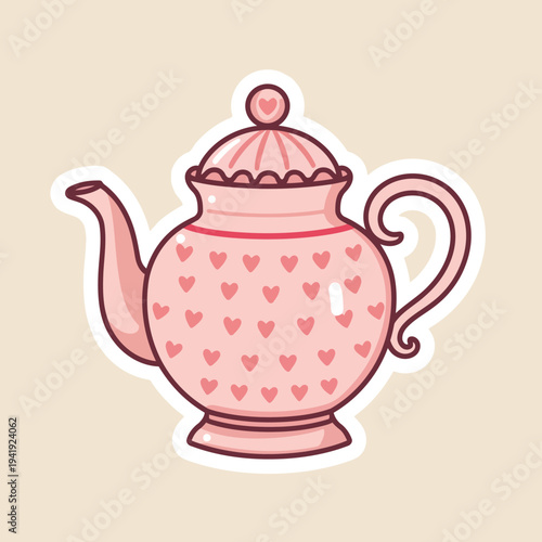 A charming pink teapot adorned with delicate hearts presented as a cute cartoon illustration
