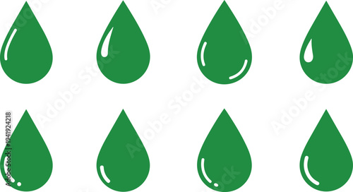 Collection of green water droplet icons arranged in two horizontal rows on transparent background