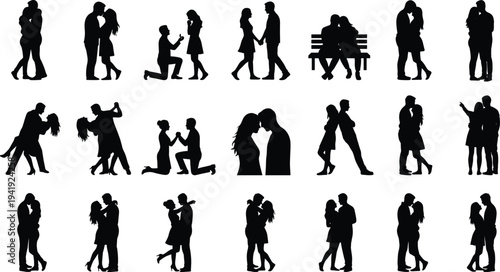 Romantic couple silhouette vector set, lovers in various poses, wedding engagement and relationship illustration