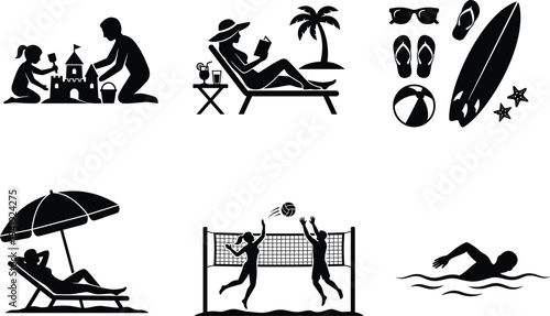 Beach vacation activities set, people relaxing, playing volleyball, swimming, and summer holiday vector icons