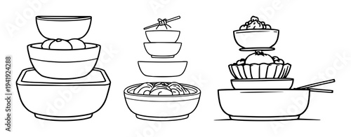 Bento box set with minimalist lines and clean outlines featuring Japanese cuisine, food containers, lunch box with stacked compartments and traditional design