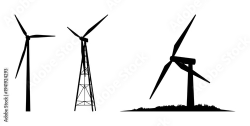 Wind turbine set with a solid black silhouette on a white background featuring vertical axis, renewable energy, geometric lines with icon and vector