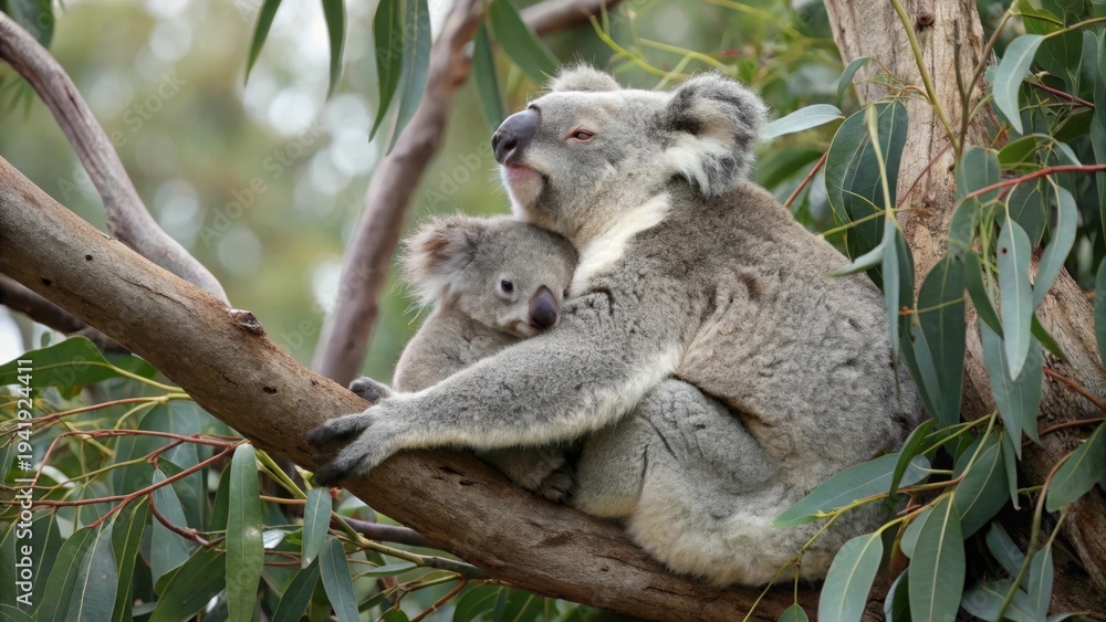 Obraz premium Tender moment koala mom embracing baby on eucalyptus tree heartwarming wildlife photography lush natural habitat close-up perspective for nature lovers