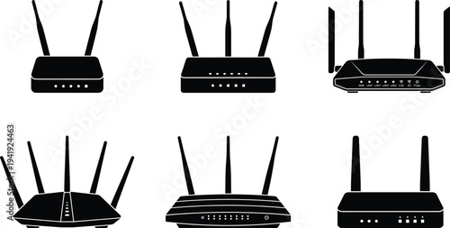 Wireless wifi router silhouette vector icons set, internet network connection hardware equipment, technology illustration