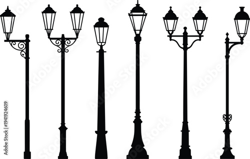 Vintage street lamp silhouettes set with classic lantern posts, decorative urban lighting elements isolated on white background for architectural design illustration