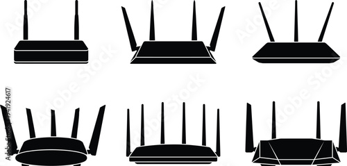 Wireless wifi router silhouette vector icons set, internet network connection hardware equipment, technology illustration