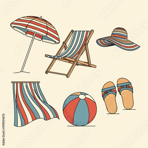 Vibrant beach scene with striped deck chairs, umbrella, sandals, and beach ball illustration