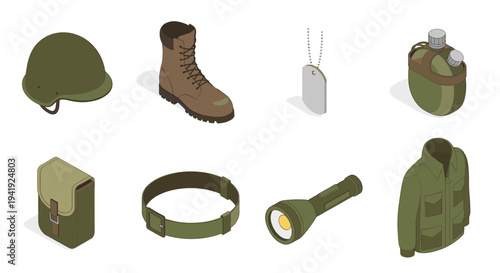 Essential military gear in isometric design: helmet, boots, dog tags, and more