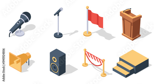 Isometric audio and stage equipment icons: microphone, speaker, podium, and more