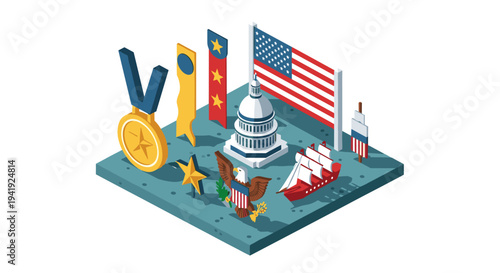 Isometric usa icons with capitol, eagle, and flags in 3d design